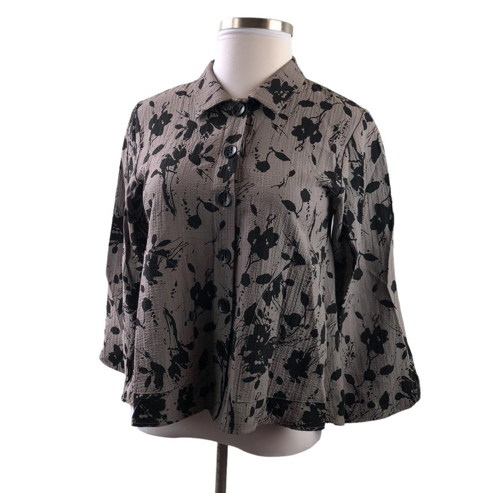 Habitat Floral Splatter Crinkle Textured Button Up Swing Top Taupe Black Small - Picture 10 of 12